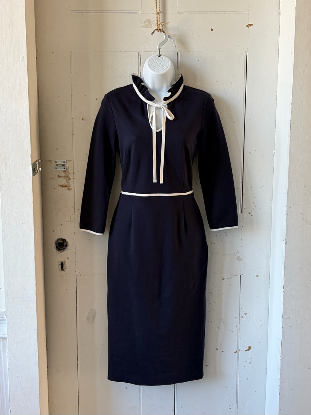 Boden Navy Layla Sheath Dress with Cream Trim and Tie Neck